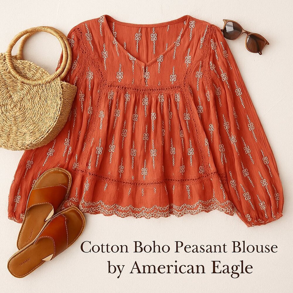 American Eagle Rust Embroidered Babydoll Peasant Blouse Balloon Sleeve M - Picture 12 of 12